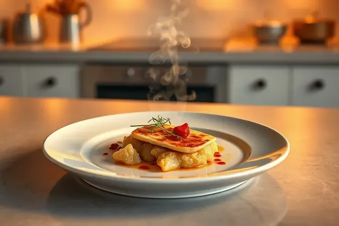 Prato gourmet com vapor suave representando cozimento uniforme e descongelamento perfeito no micro-ondas