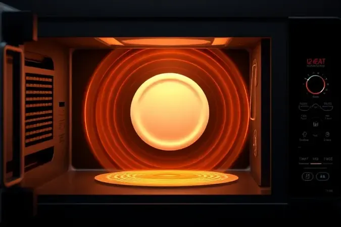 Visualização conceitual de distribuição uniforme de calor em micro-ondas para cozimento perfeito