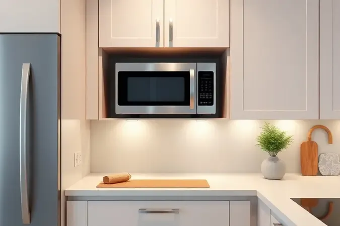 Renderização 3D de cozinha moderna com micro-ondas instalado na altura dos olhos, ventilação visível e bancada organizada e segura.