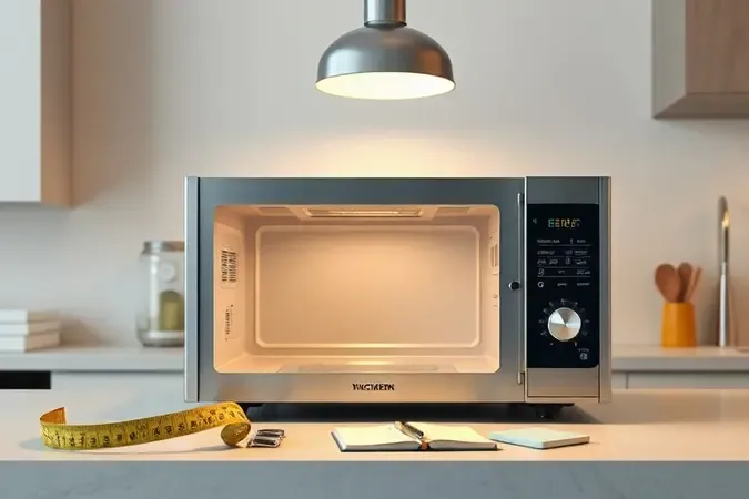 Micro-ondas inox em bancada de cozinha com fita métrica e caderno simbolizando critérios de escolha