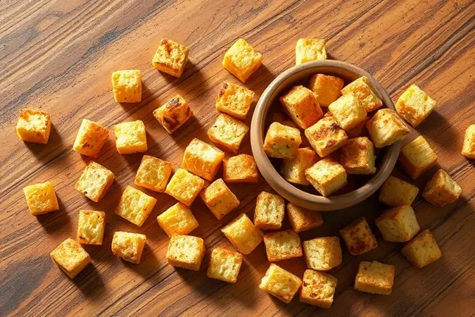 Croutons dourados crocantes espalhados sobre superfície de madeira rústica em renderização 3D conceitual.