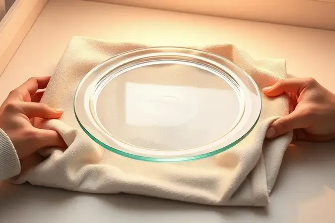 Renderização conceitual sobre cuidados e manuseio delicado de prato de vidro para microondas