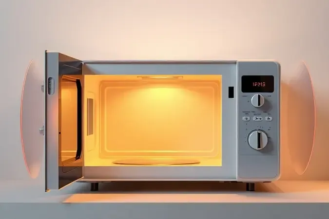 Render 3D de micro-ondas com escudo protetor translúcido e luz dourada, simbolizando cuidados preventivos e manutenção do eletrodoméstico.