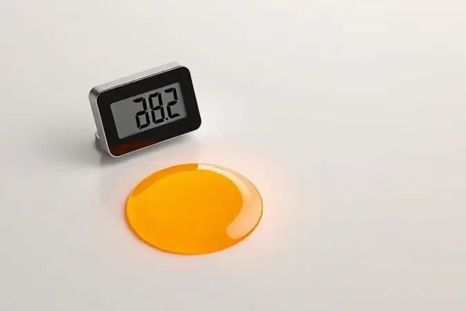 Termômetro digital próximo à cera de abelha aquecida destacando a importância do controle de temperatura ao derreter.