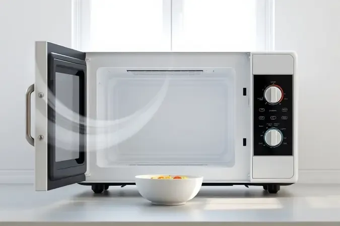 Micro-ondas arejado após restauração com porta aberta representando ventilação e cura completa da pintura.