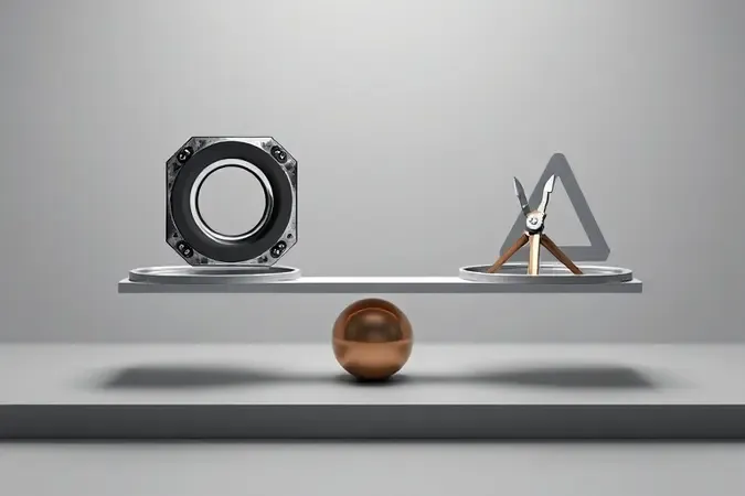 Renderização 3D conceitual de balança simbolizando análise de custo-benefício entre consertar ou trocar magnetron.