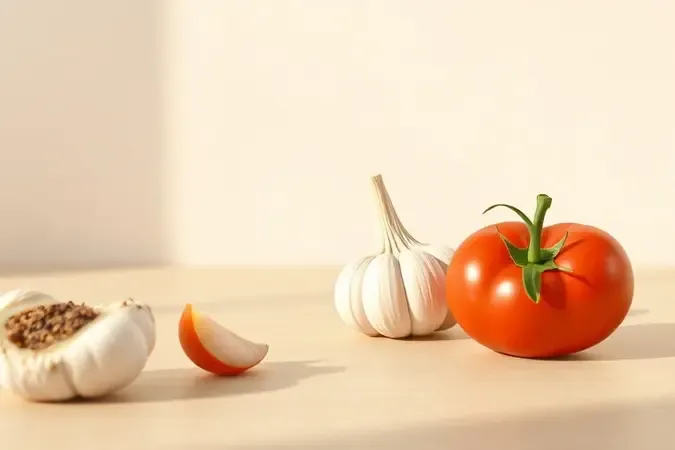 Render 3D conceitual de alho e tomate em cena minimalista representando truque culinário no micro-ondas
