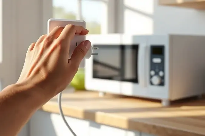 Renderização 3D de mão desconectando plugue da tomada com micro-ondas ao fundo representando ação imediata de segurança.