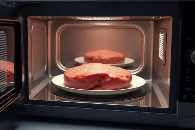 Carne sendo descongelada dentro de micro-ondas moderno com cristais de gelo visíveis e iluminação suave.