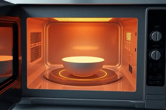Renderização 3D do interior de micro-ondas com ondas de energia aquecendo prato sobre bandeja giratória representando desempenho uniforme.