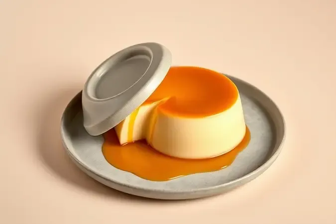Pudim desenformado perfeitamente em prato de cerâmica com calda caramelizada em 3D.