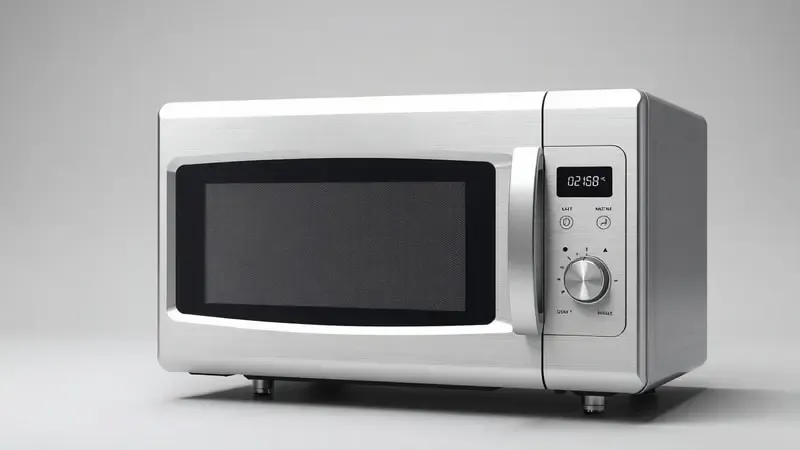 Detalhes do design e acabamento de micro-ondas moderno em render 3D com foco em materiais e construção.