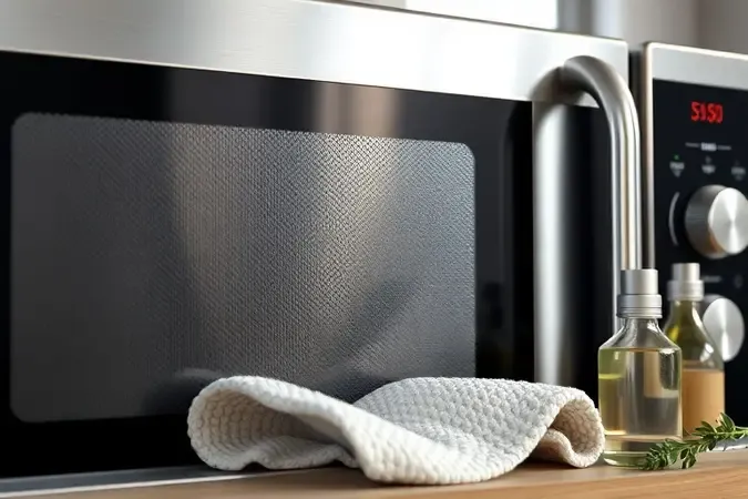 Detalhe da superfície de micro-ondas inox escovado com pano de microfibra para limpeza