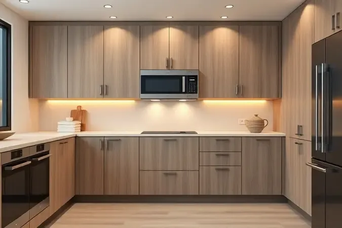 Design de cozinha moderna com micro-ondas compacto e espaçoso integrado a armários premium