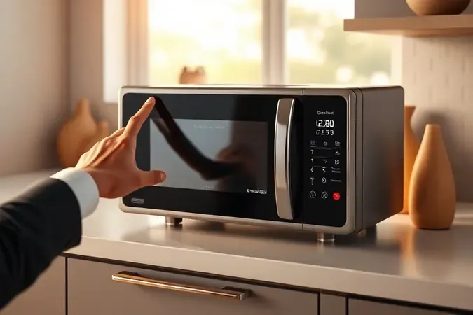 Render 3D de micro-ondas moderno integrado à bancada de cozinha com mão alcançando painel touch intuitivo.