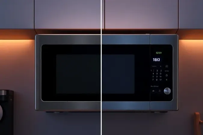 Micro-ondas moderno em modo economia com display digital reduzido representando baixo consumo de energia em cozinha com luz ambiente