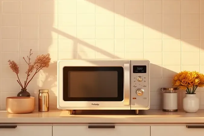 Renderização 3D de cozinha moderna com micro-ondas bem conservado sob luz dourada, simbolizando cuidados para aumentar vida útil do aparelho.
