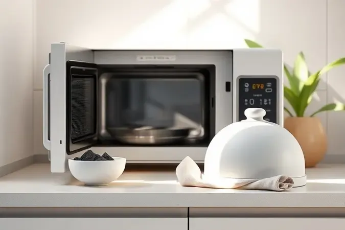 Renderização 3D de cozinha clean com micro-ondas entreaberto, carvão ativado e protetor, representando dicas preventivas contra odores.