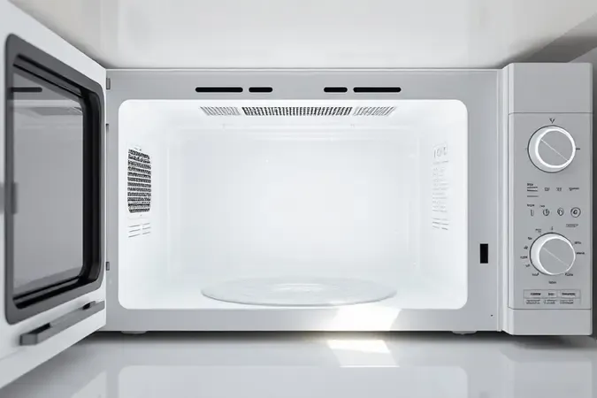 Micro-ondas limpo e higienizado com elementos abstratos que representam frescor e pureza