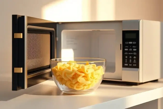 Tigela com água e macarrão em nível ideal ao lado de micro-ondas moderno, representando dicas de preparo sem erros.