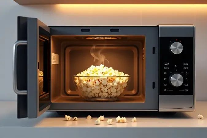 Micro-ondas entreaberto revelando tigela com pipoca perfeita, representando dicas para não queimar e estourar todos os grãos.