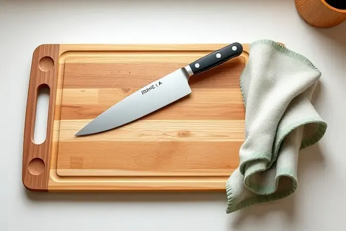 Itens de segurança na cozinha como tábua antiderrapante, faca ergonômica e pano de prato para evitar acidentes ao descascar.