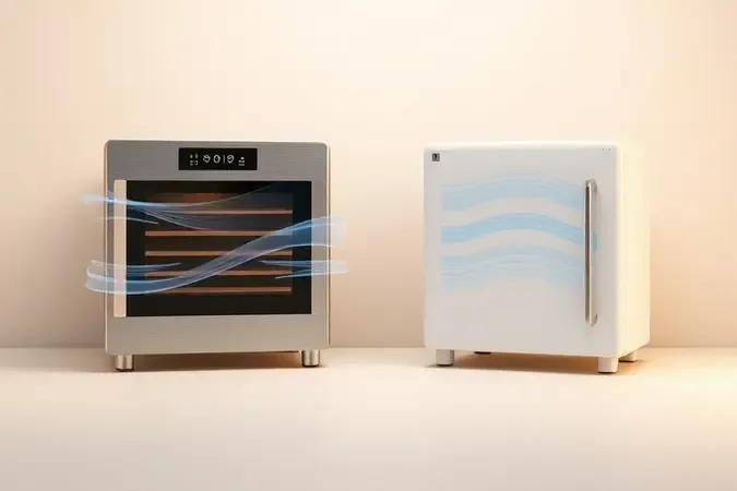 Representação conceitual comparando tecnologias de air fryer e micro-ondas com visualização de fluxo de ar e ondas.