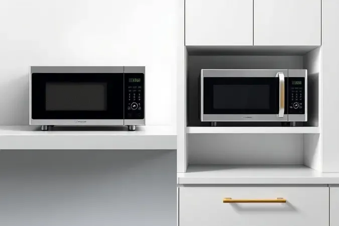 Renderização 3D comparando instalação de micro-ondas de bancada e de embutir em cozinha moderna.