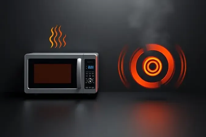 Render 3D comparando conceitos de aquecimento convencional versus grill e convecção em micro-ondas.