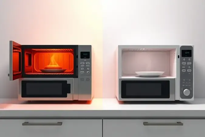 Renderização 3D comparativa entre micro-ondas com grill e convencional, destacando elementos de aquecimento superiores e resultados culinários distintos.