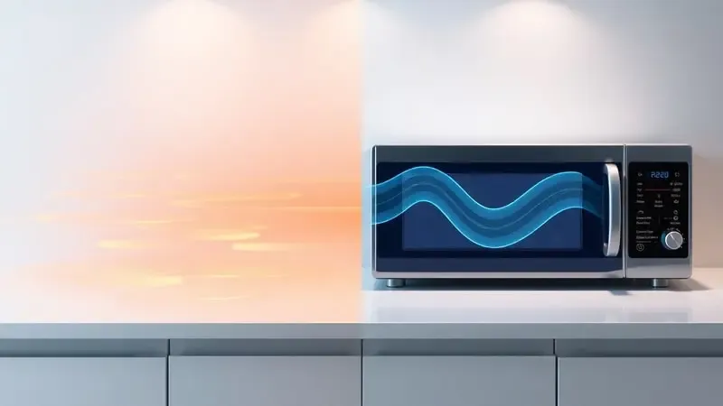 Render 3D conceitual mostrando duas tecnologias de cozimento: calor radiante do forno elétrico e ondas do micro-ondas.
