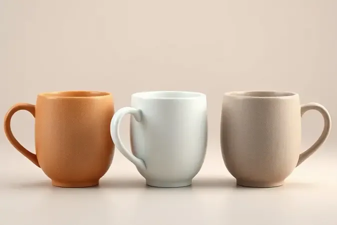 Comparação visual entre canecas de cerâmica, porcelana e stoneware mostrando diferenças de textura e material de cada tipo.