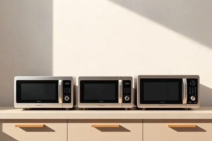 Renderização 3D de três micro-ondas de diferentes capacidades enfileirados em bancada de cozinha minimalista com luz natural.