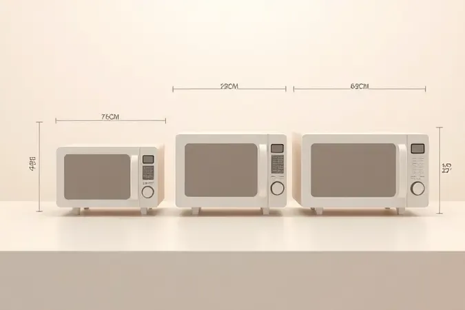Comparação visual de dimensões médias de micro-ondas por capacidade em litros com indicadores de medidas proporcionais.