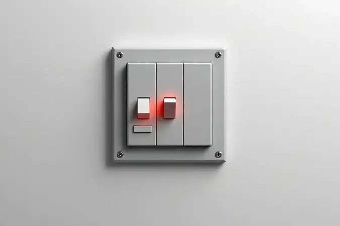 Disjuntor desarmado em quadro elétrico moderno, emitindo sinal de alerta visual causado por sobrecarga de micro-ondas na cozinha