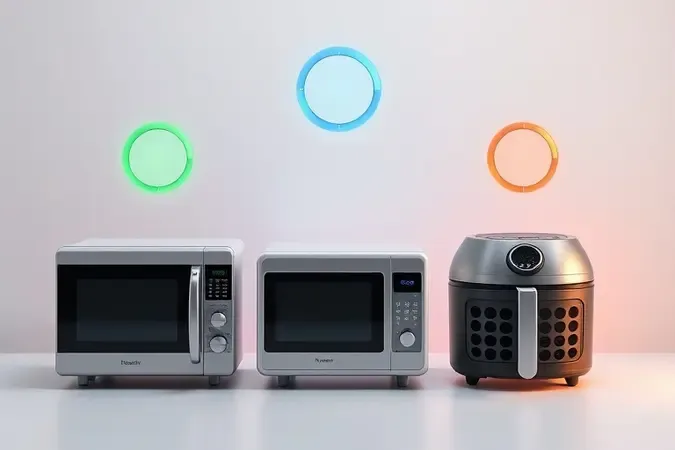 Comparação conceitual 3D entre forno elétrico, micro-ondas e air fryer com indicadores luminosos de eficiência energética.