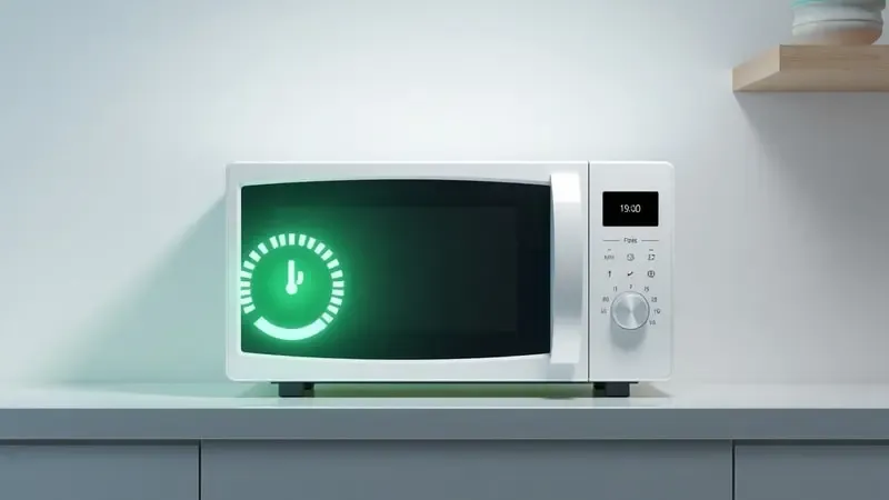 Indicador de eficiência energética de micro-ondas com selo de baixo consumo e design sustentável em ambiente de cozinha moderna.