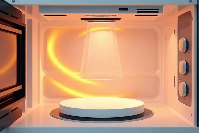 Conceito 3D de eficiência energética com ondas de luz dourada no interior de um micro-ondas