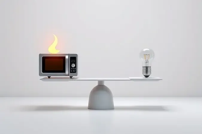 Balança conceitual representando equilíbrio entre potência e consumo de energia do micro-ondas