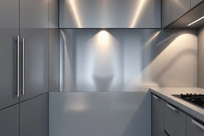 Detalhe de superfície espelhada reflexiva em eletrodoméstico moderno com iluminação ambiente sofisticada