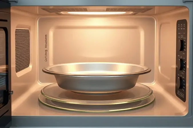 Renderização 3D de embalagem de alumínio segura para micro-ondas com bordas arredondadas sobre prato giratório em ambiente minimalista.