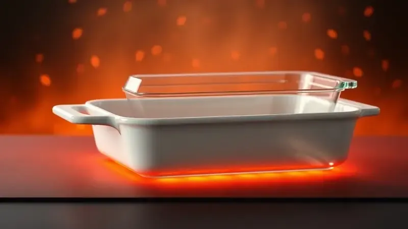 Recipientes de cerâmica e vidro resistentes ao calor extremo do forno convencional em renderização 3D com tons quentes.