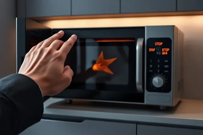 Ilustração 3D conceitual mostrando mão alcançando painel de micro-ondas com botão de parada iluminado durante situação de faíscas na cozinha.