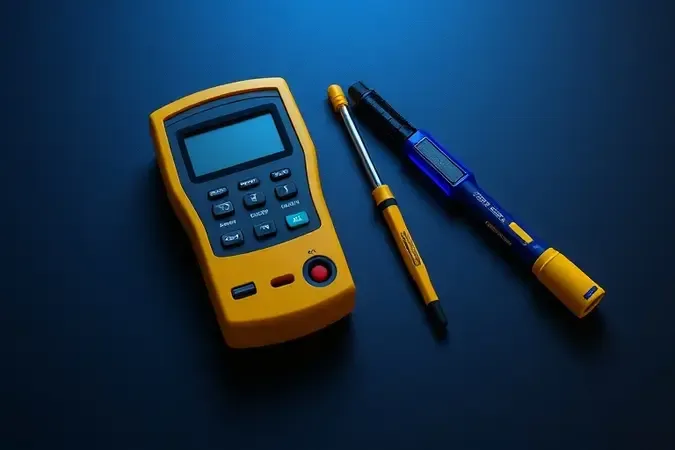 Ferramentas de diagnóstico elétrico como multímetro digital e detector de tensão em composição 3D limpa e profissional