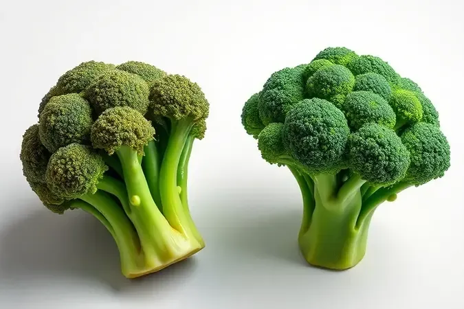 Contraste entre brócolis cozido demais com textura mole e sem viço versus brócolis perfeito verde vibrante e firme.