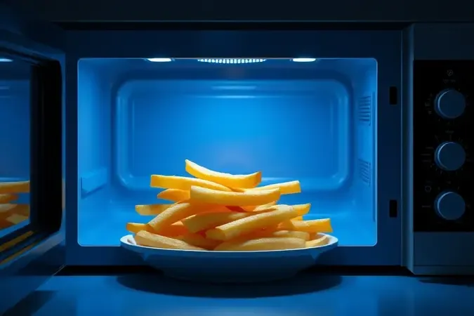 Renderização 3D conceitual de batatas fritas murchas e úmidas dentro de micro-ondas, alertando sobre erro comum ao requentar.