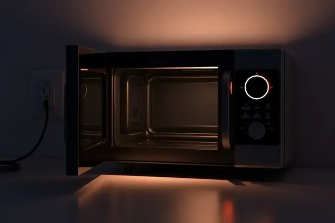 Micro-ondas moderno com luz interior oscilante representando erro após queda de energia em cena 3D conceitual