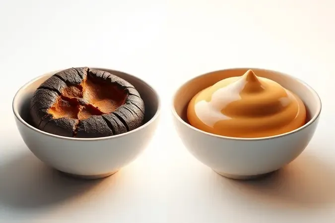 Comparação 3D entre brigadeiro queimado e brigadeiro perfeito ilustrando erros comuns no preparo em micro-ondas.