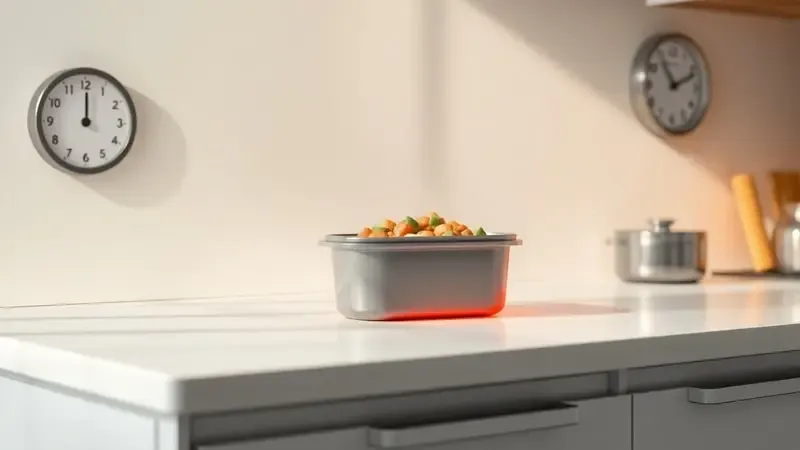 Render 3D conceitual alertando sobre erros comuns no descongelamento de marmitas e risco de contaminação.
