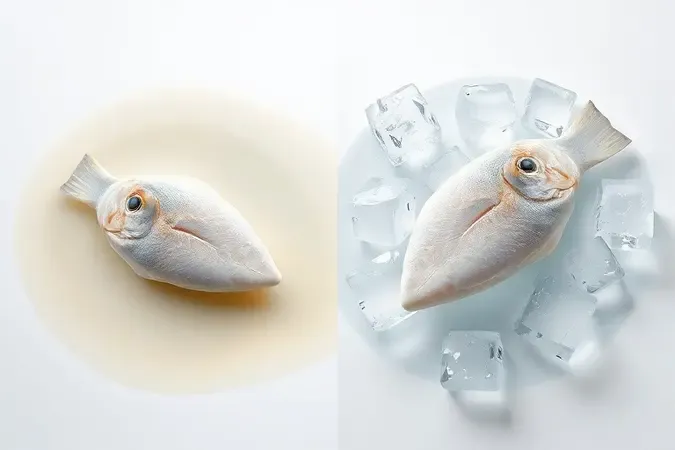 Comparação conceitual entre dessalga incorreta com água turva e dessalga correta com água limpa e gelo para o bacalhau.